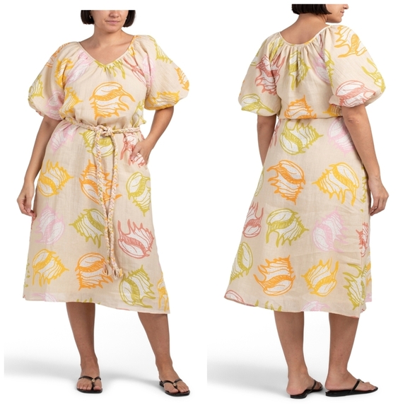 🔹️Elizabeth James The Label🔹️ Linen Puff Sleeve Shell Print Dress With belt - Picture 1 of 3